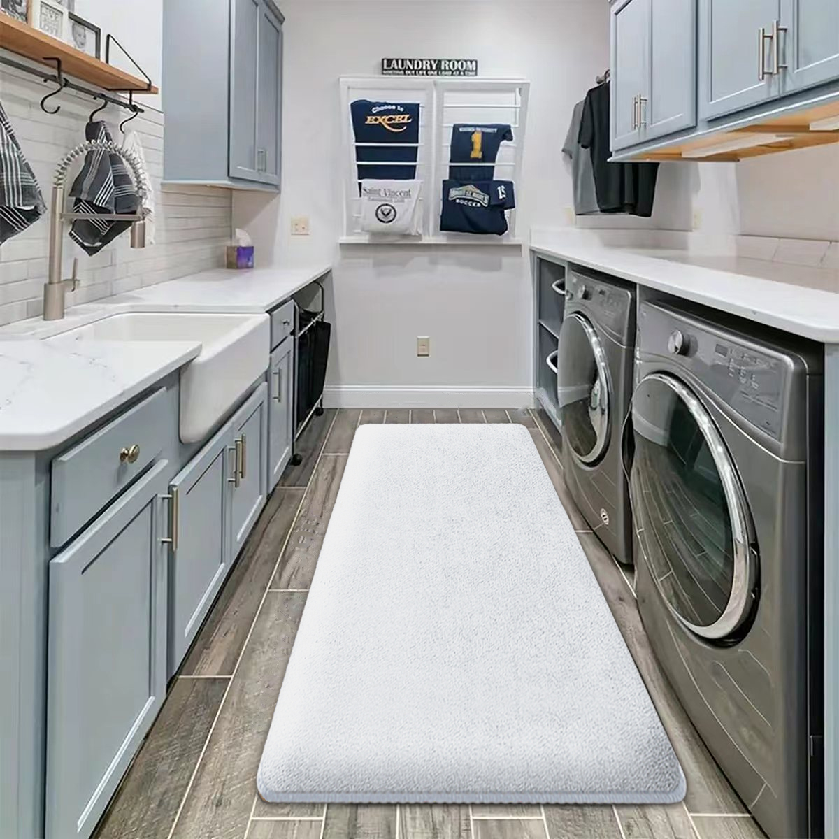 Thickened absorbent laundry room floor mat flannel quick-drying non-slip foot mat thickened long strip kitchen mat bathroom mat: 400MMx600MM / WHITE