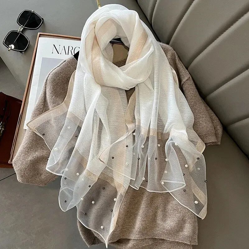 2024 marca de luxo moda feminina cachecol liso seda linho xales verão senhora bandanas foulard hijab: Bege