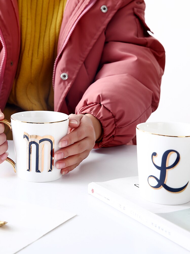EWAYS – tasse à café en porcelaine avec poignée dorée, pour Couple, avec lettres créatives, d'anniversaire et de mariage