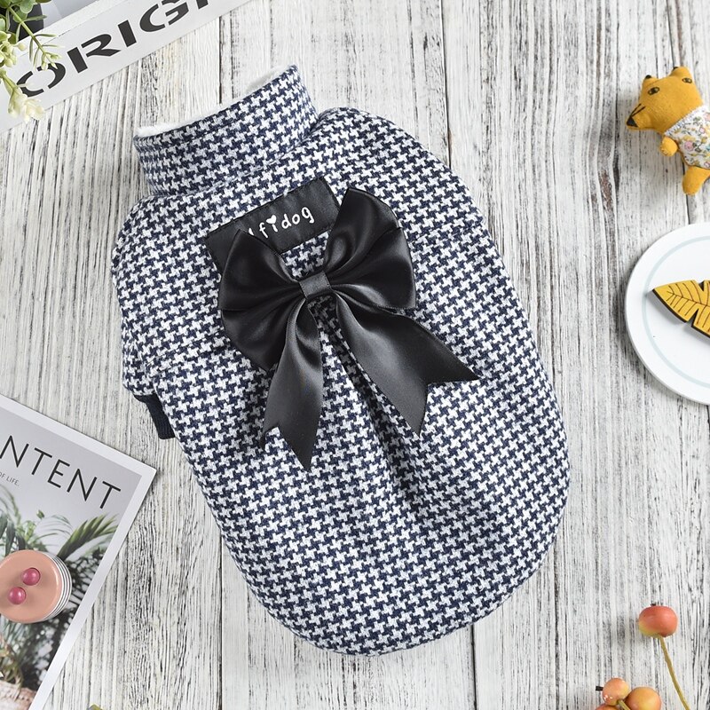 Ropa de pata de gallo para perros pequeños, con lazo negro grande, vestidos de lujo para mascotas, chaqueta, Atuendo para otoño e invierno, accesorio para gatos: Black / M