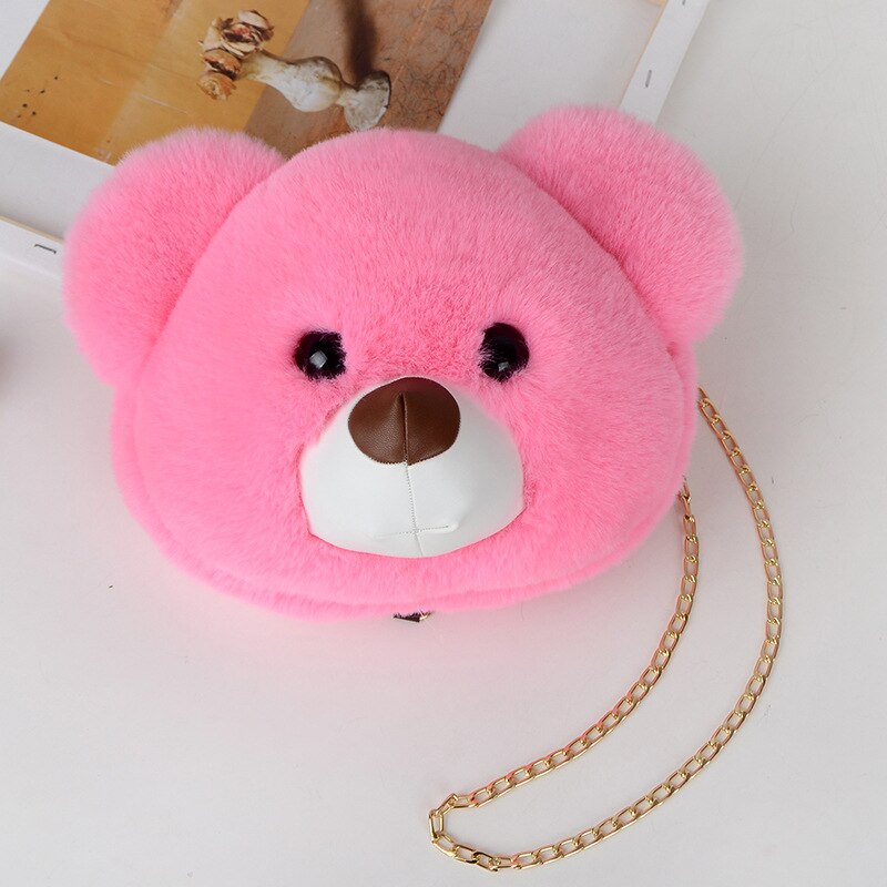 Women Plush Hairy Bag Female Cute Chain Shoulder Messenger Bag Girl Doll Cat Bear Head Bag: 04