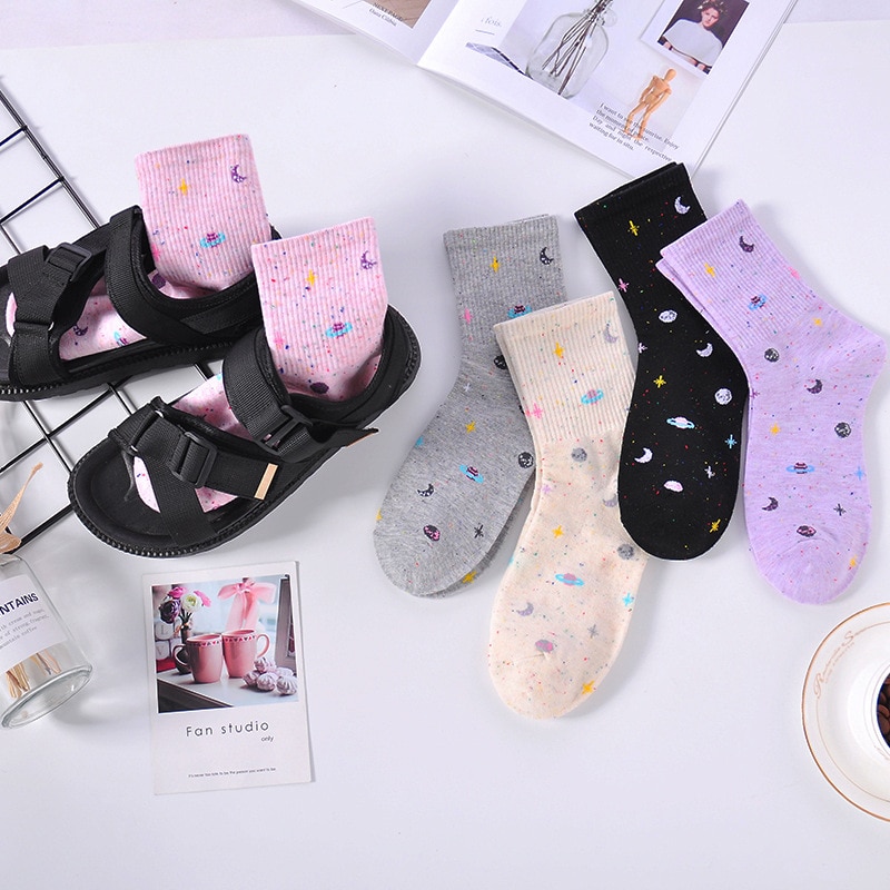 Japanese Moon Stars Universe Socks Harajuku Planet Point Yarn Funny Socks Women Warm Cute Novelty Femme Sokken Meias