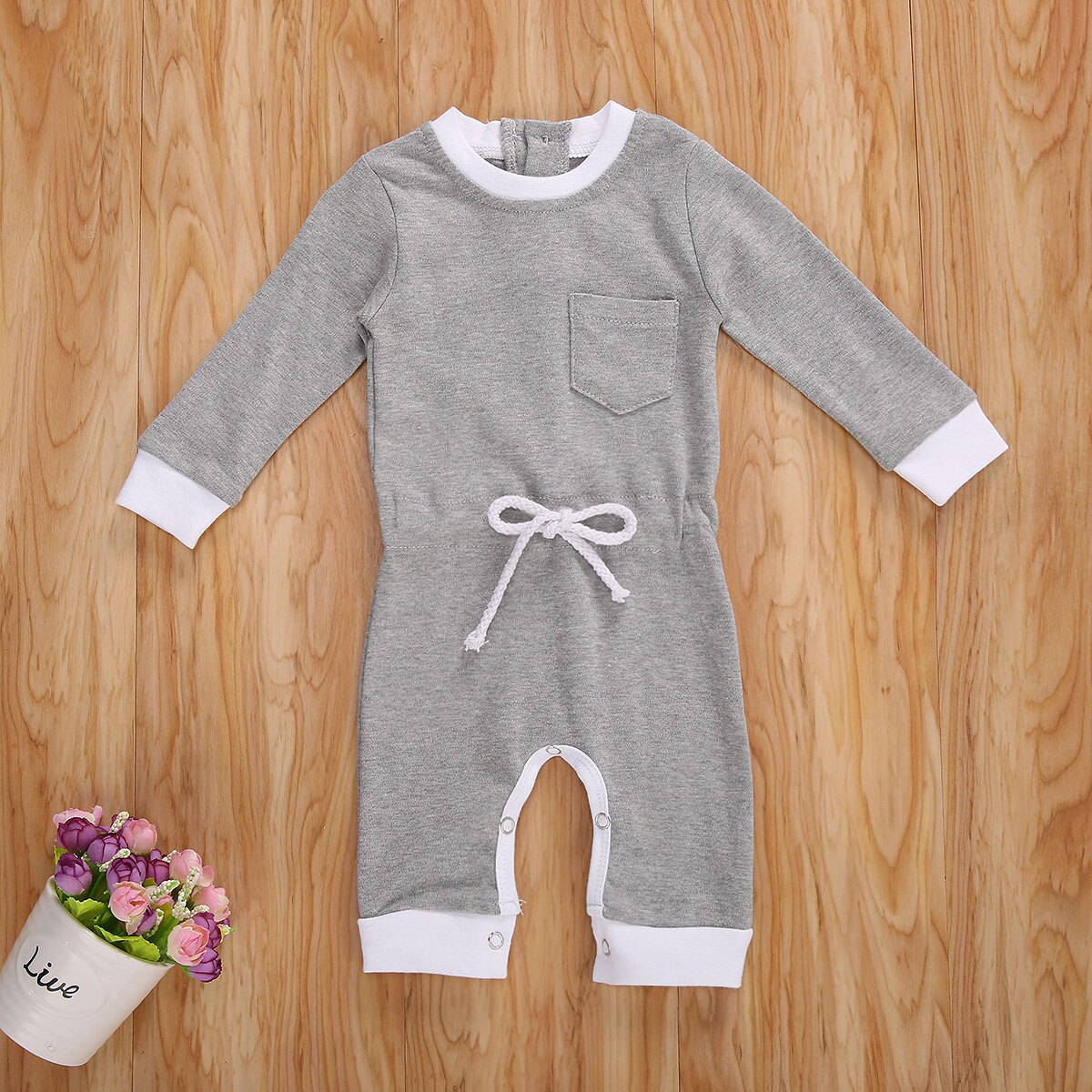 Baby Baby Meisjes Jongens Solid Romper Lange Mouwen Elastische Taille Een Stuk Jumpsuit Met Front Pocket Lente Herfst Kleding