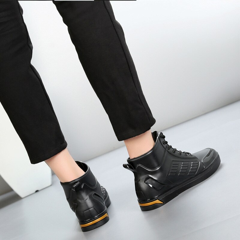 Men's Rainboots Waterproof Rain Shoes Men Rain Boy Water Shoes Rubber Black Ankle Boots Lace-Up Shoes for Mens Boots