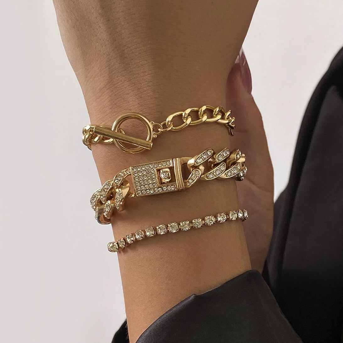 4 Stks/set Luxe Shiny Rhinestone Armbanden Set Bangle Vrouwen Mannen Verstelbare Clear Crystal Chunky Link Charm Armband Hand Sieraden: Silver Plated