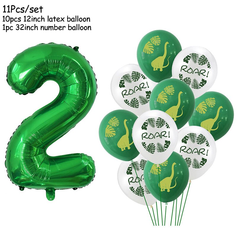 11Pcs Green Foil Number Balloons Dinosaur Latex Balloon Kids Jungle Theme Birthday Safari Forest Party Decorations Baby Shower: Number2 set