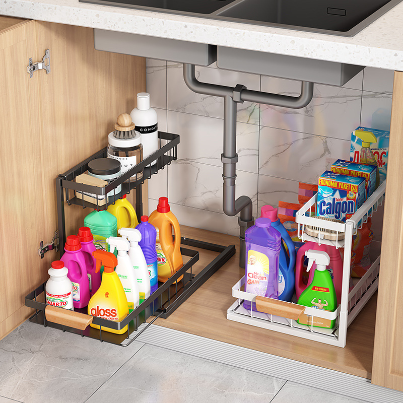 Organizadores y almacenamiento debajo del fregadero de 2 niveles con cajón deslizante, estante de baño multiusos, organizador para almacenamiento de cocina y baño