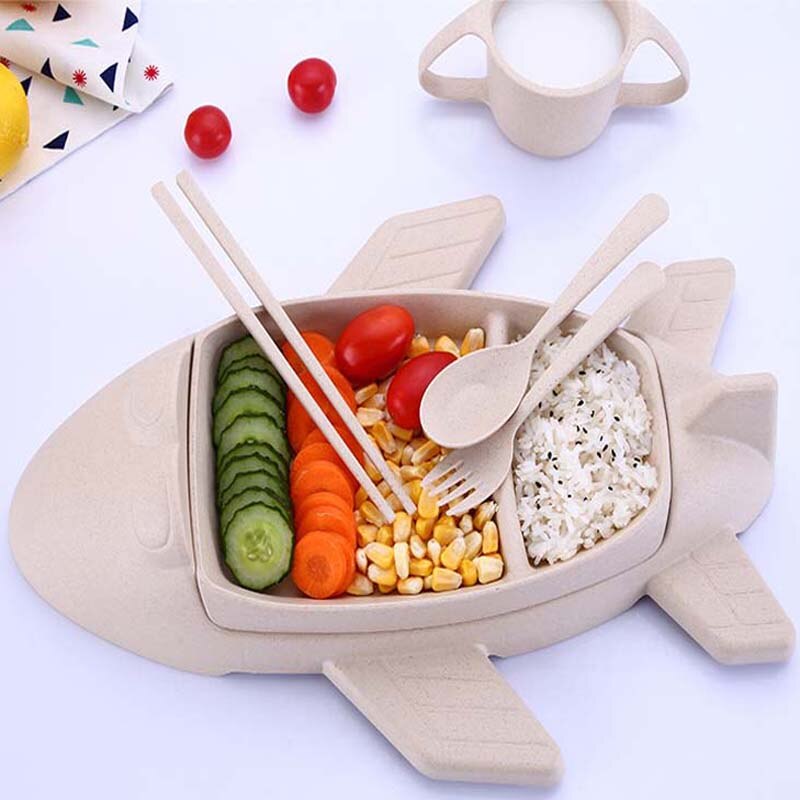 Juego de cuchara y tenedor de avión, juego de palillos para niños, plato de cena escolar, bandeja, vajilla de Almuerzo Bento caja para estudiantes: beige 6pcs