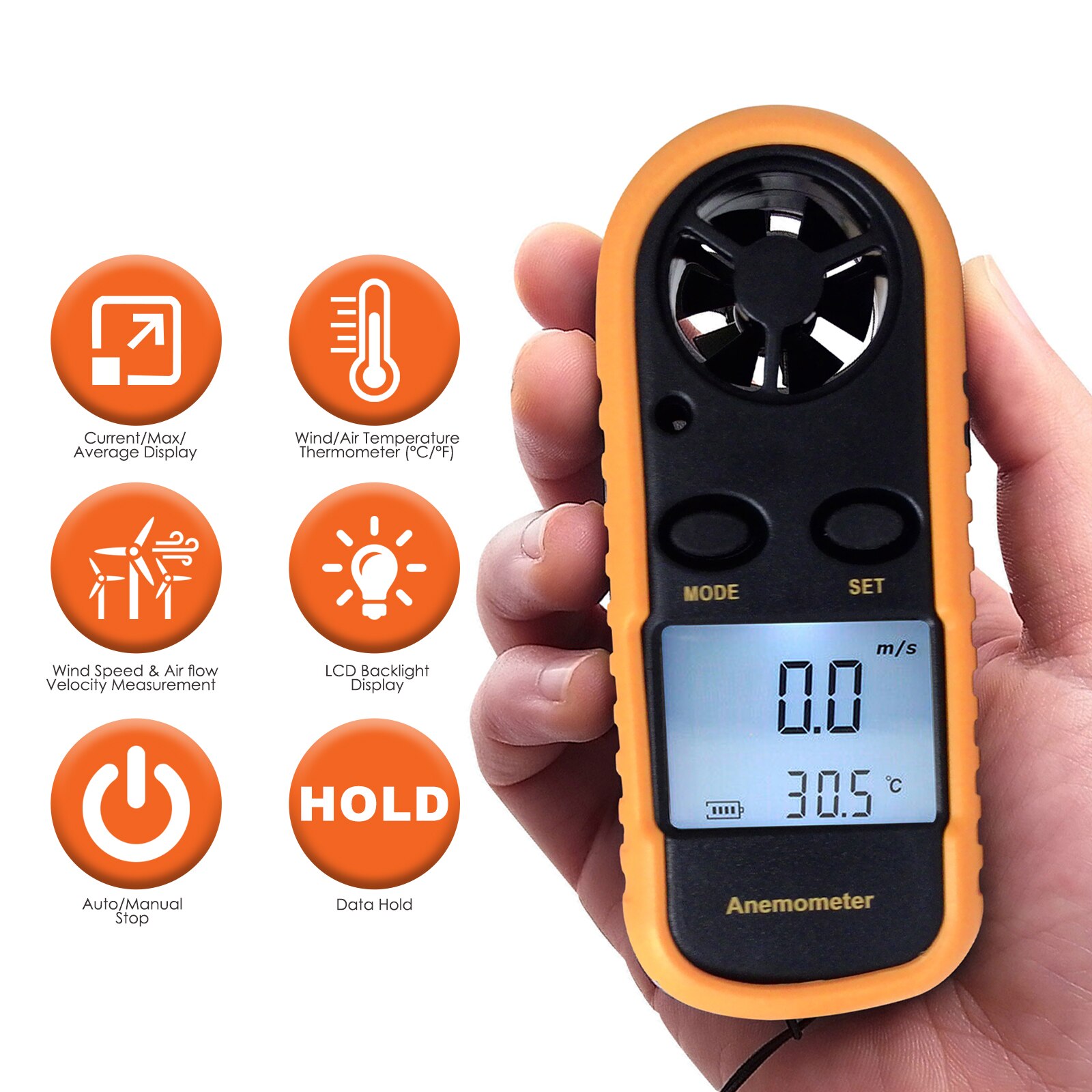 2-in-1 Mini Digital Anemometer Thermometer Air Wind Flow Speed Meter Bar Graph Beaufort Wind Scale Celsius or Fahrenheit