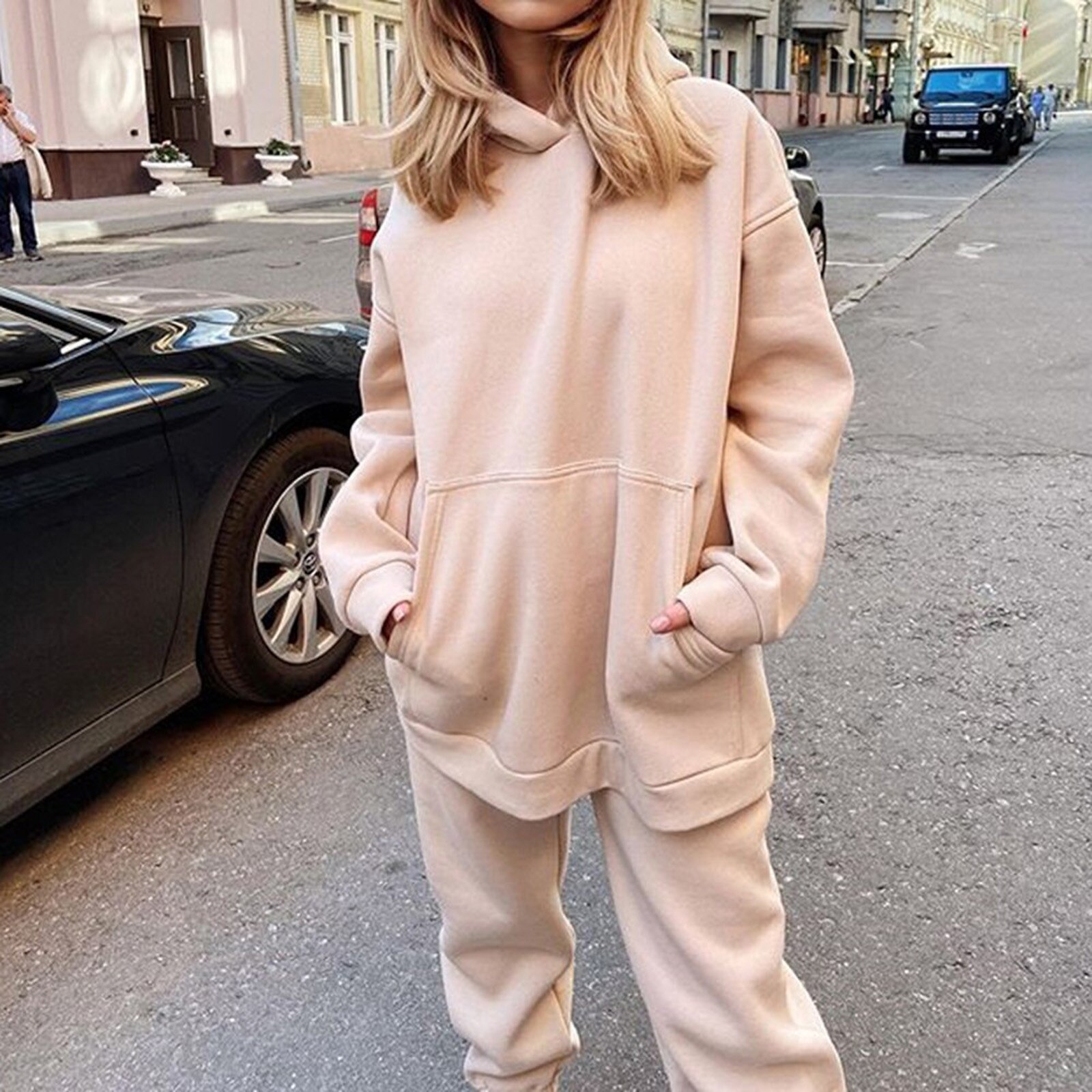 Autumn Winter Fleece Hoodies Two Piece Set Ladies Casual Sports Suit Hooded Pullover Solid Color Tracksuits Gym Clothing #3