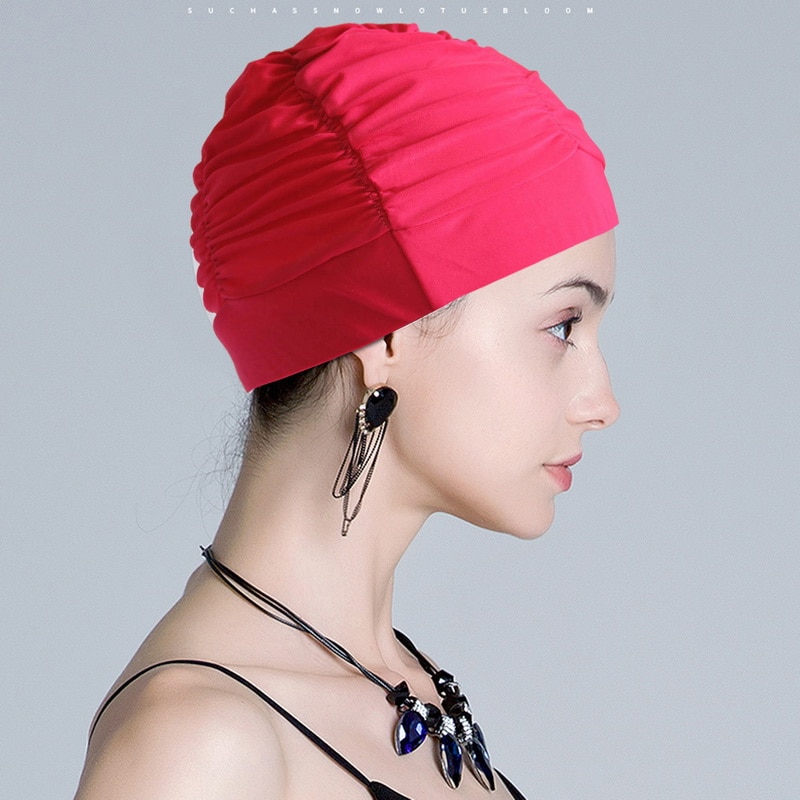 Sexy Swimming Cap Womens Long Hair Swim Hat Outdoor Activities Solid Cap Bathing Drape Stretch Sports Seaside Fold Girls