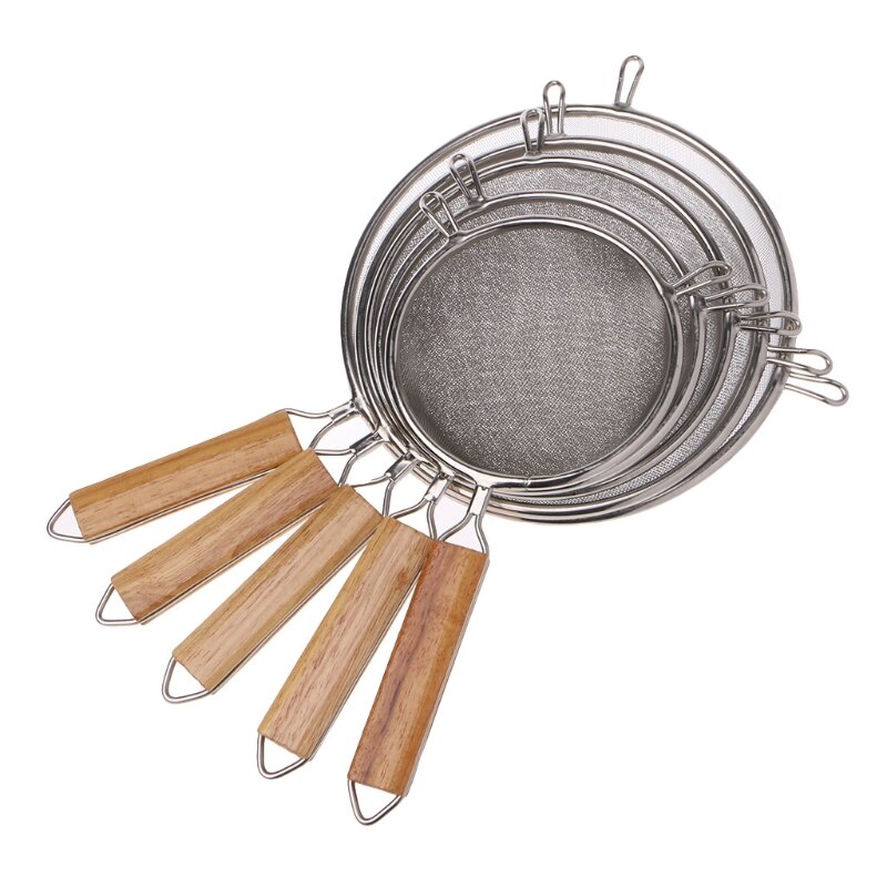 Stainless Steel Double Mesh Strainer Colander Sieve Sifter Wooden Handle 5 Siz For kitchen
