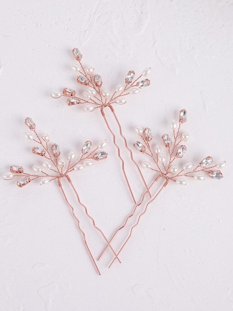 Trendy Rose gold 3PCS Wedding Hair Pins Tiara Head... – Grandado