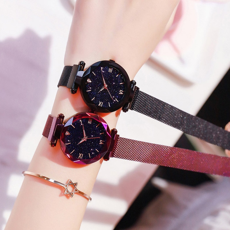 Womens Watch Femme Starry Sky Watches Stainless Steel Mesh Magnet Strap Quartz Watch for Sisters Girlfriend