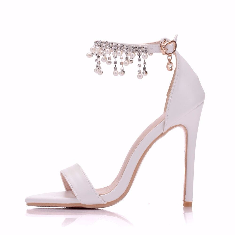 Sandalias de tacón de cristal para mujer, zapatos elegantes de boda, tacón alto, borlas con perlas, plataforma de cadena, , color blanco