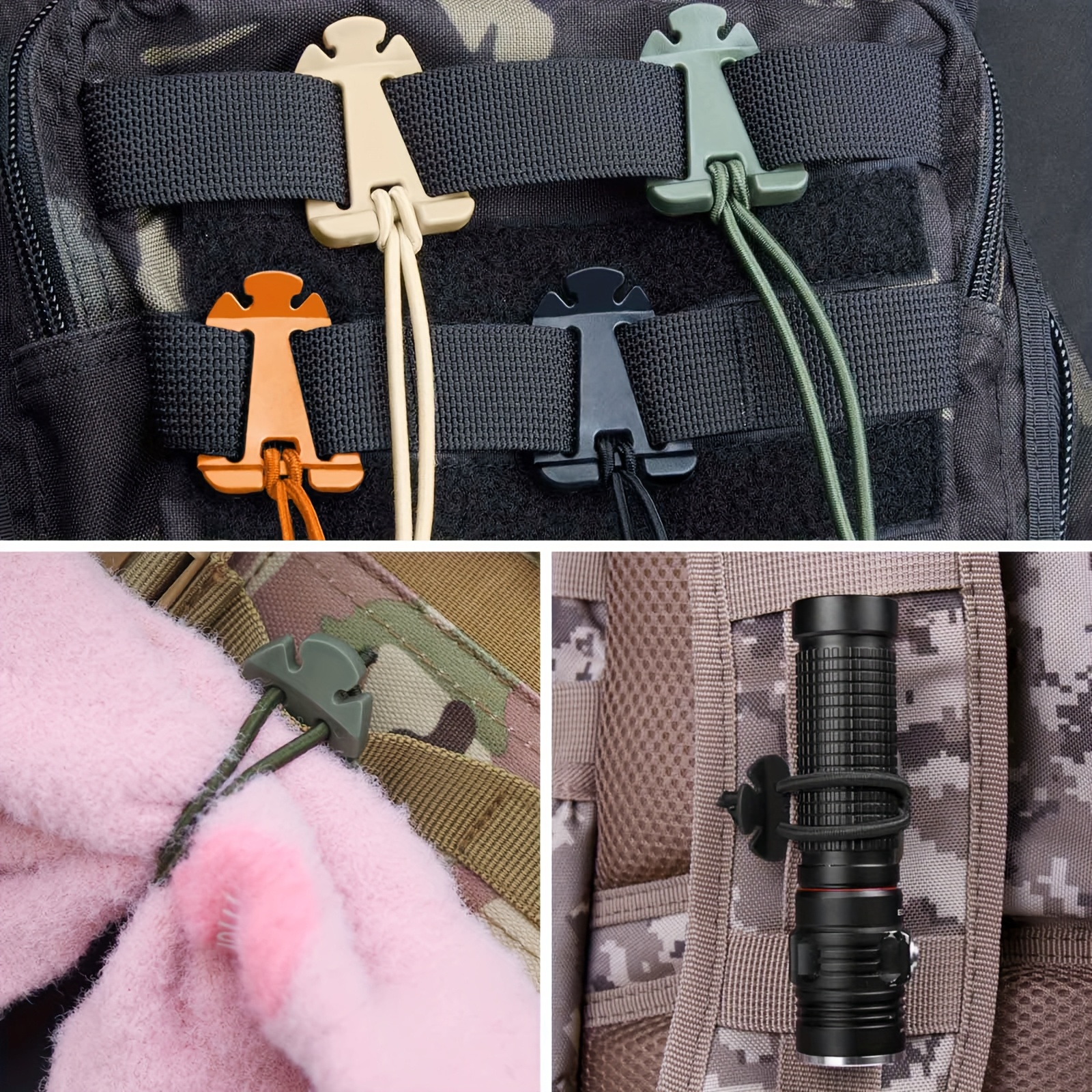 Moschettoni per zaino con cordino elastico – Ganci durevoli compatibili con MOLLE per organizzare attrezzi da campeggio e accessori
