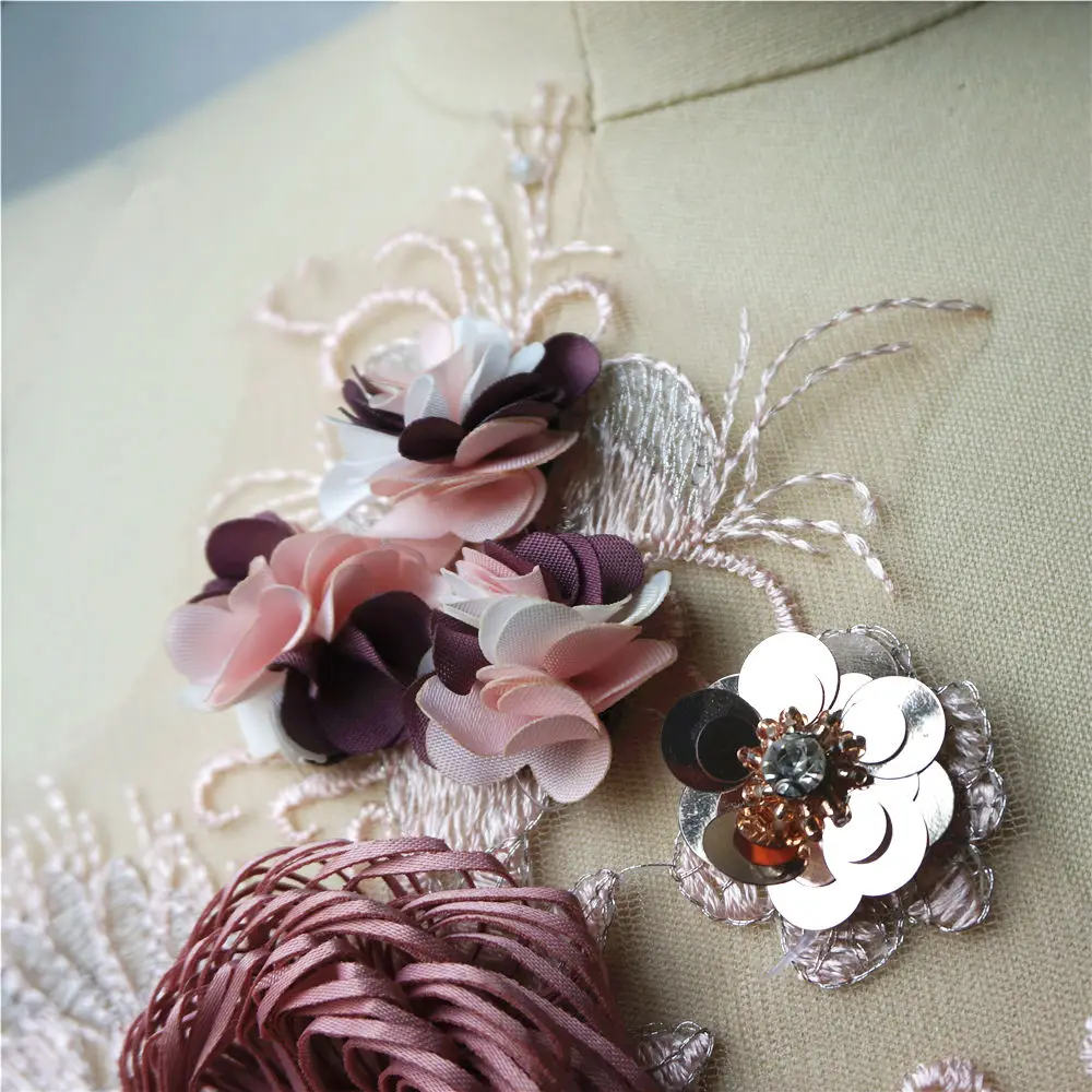 Rosa 3d flor tecido de renda contas lantejoulas bordado vestido de casamento apliques colarinho malha costurar remendos para vestido decoração diy