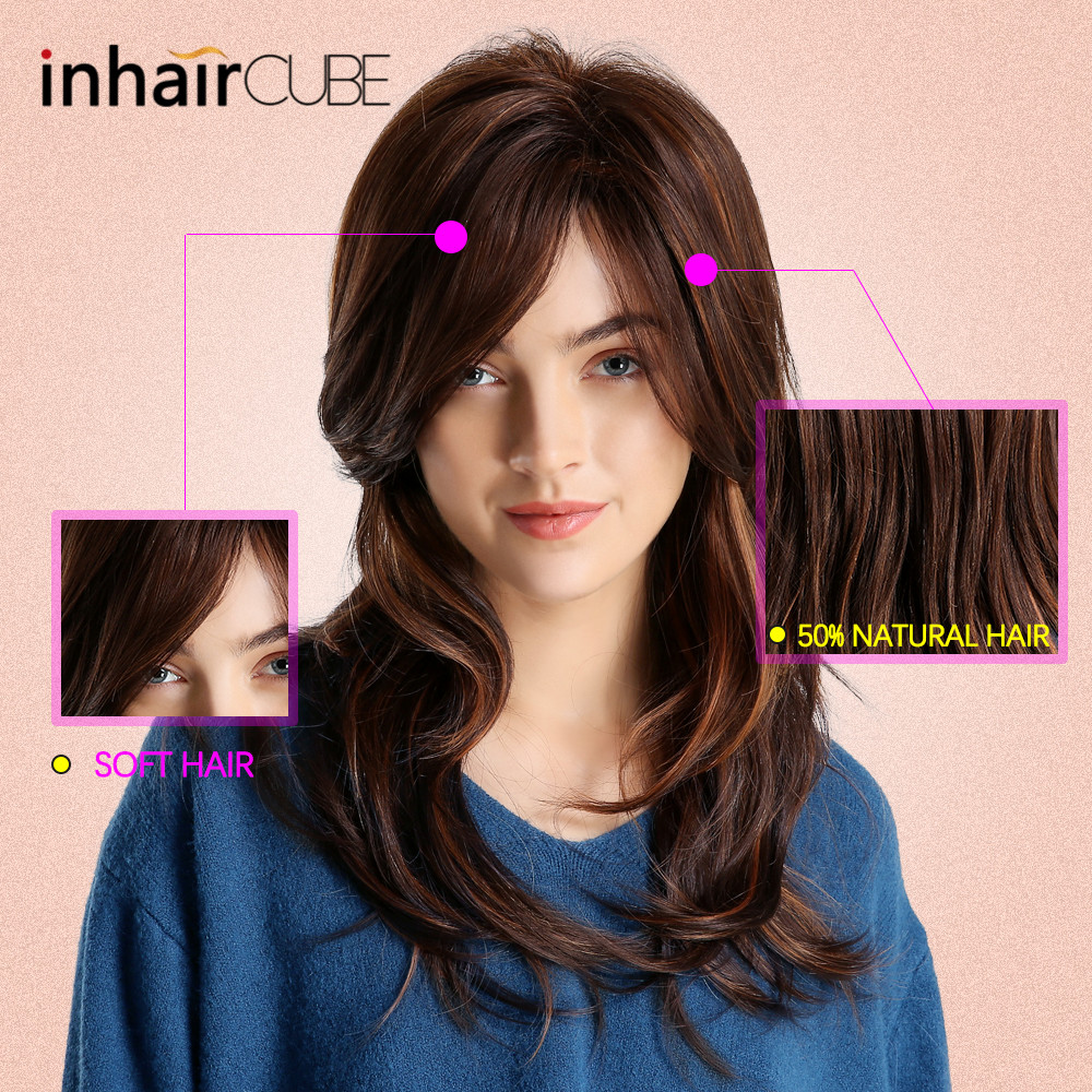 INHAIR CUBE Women Wigs 20 Inches Synthetic Blend Hair Natural Straight Short Wigs Gray Free Wig Cap With Bangs