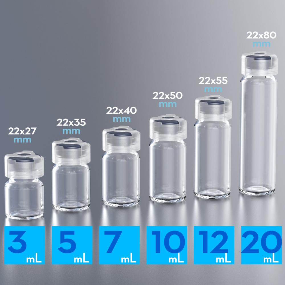 Mini botella de cristal de penicilina con tapón de goma y cierre anticizalla, frascos de vidrio de 3ml, 5ml, 7ml,10ml, 15ml, 20ml,25ml,30ml