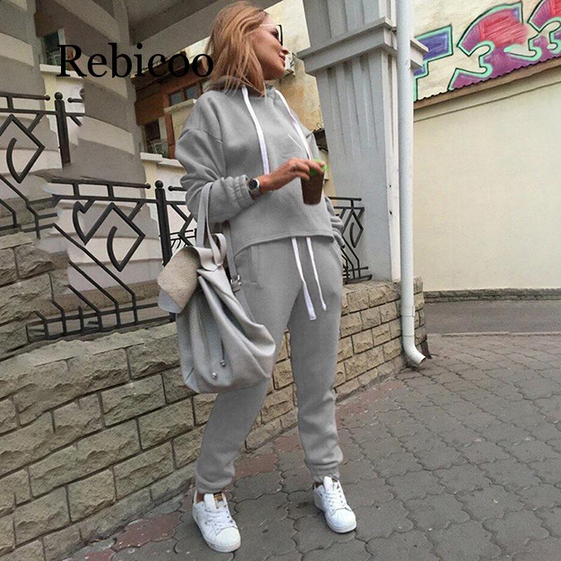 Rebicoo 2pcs Set Hoodies Loose Hooded Tops Sweatshirt+Solid Long Pants 2 Pieces Sets Women Clothing Suits Female Tracksuit