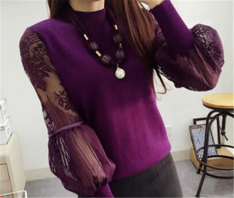 Lace Pullover Sweater Jumper Winter Lantern Sleeve Knitted Sweaters and Pullovers Women Pull Femme Free Necklace PZ033