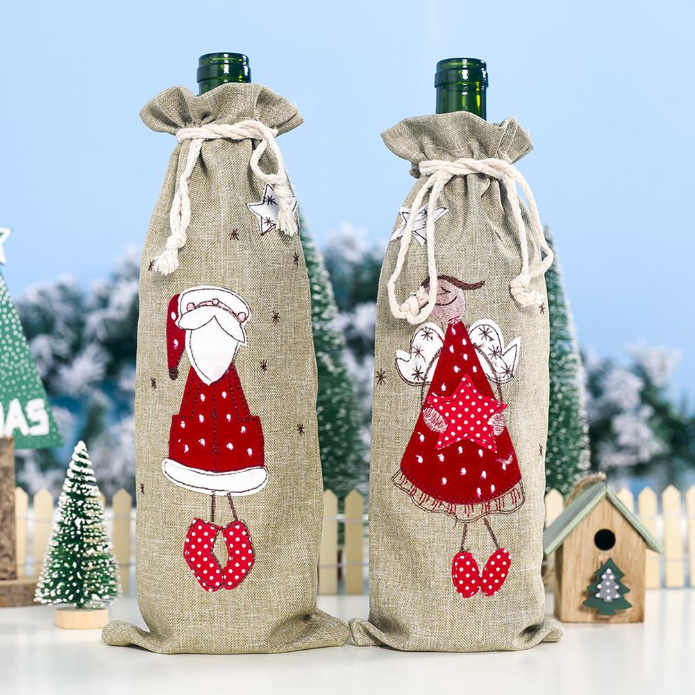 Xmas Santa Angel Drawstring Wine Bottle Cover Champagne Bag Party Decor
