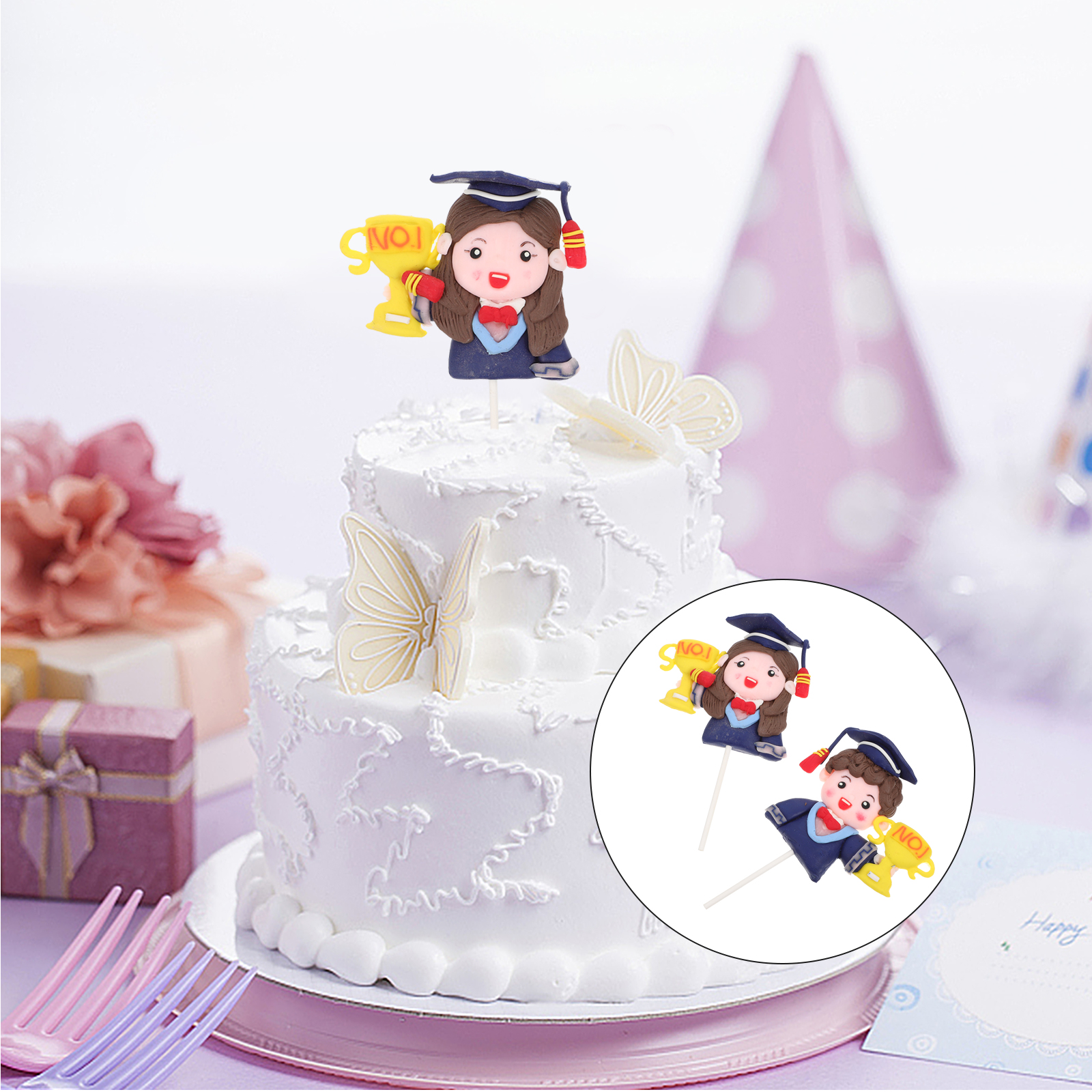 2Pcs Graduation Boy Girl Cake Topper Graduation Party Lovely Cake Decorations