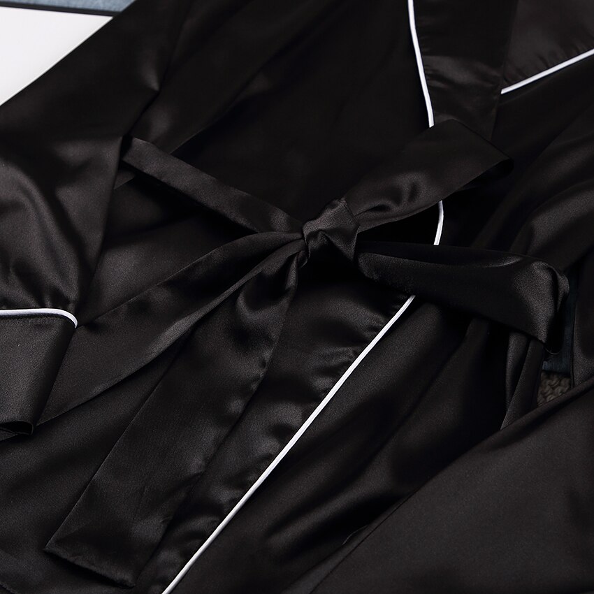 HiLoc Black Satin Sleepwear Home Clothes For Women Robe Sets Long Sleeve Bathrobe For Home Wear Night Set Spring Fashinon