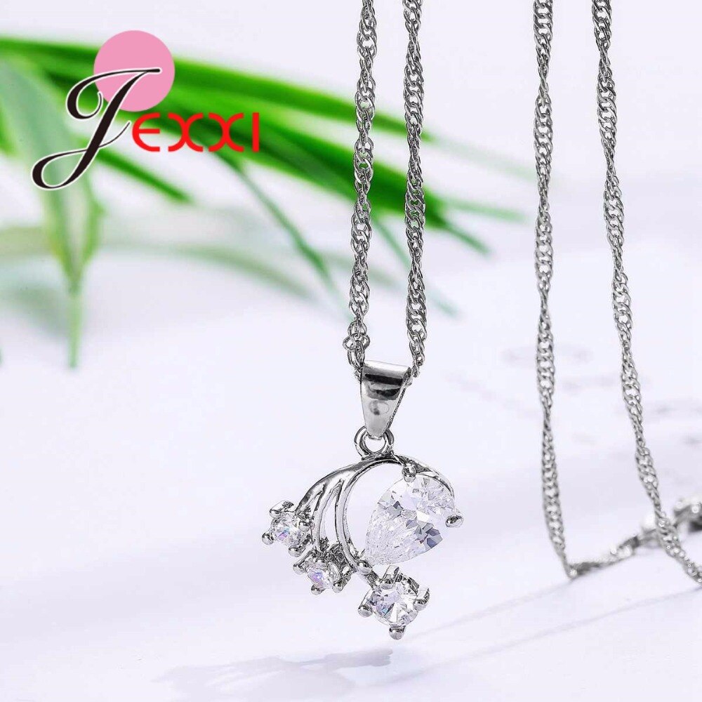 925 Sterling Zilveren Bruids Sieraden Sets Voor Vrouwen Shiny Aaa Cz Crystal Flower Ketting Hanger Oorringen