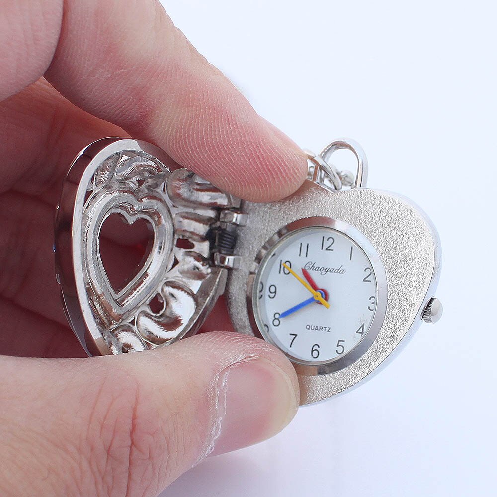 Mode Roze Hollow Quartz Hartvormige Zakhorloge Ketting Hanger Ketting Klok Vrouwen Blauw Hart Horloges