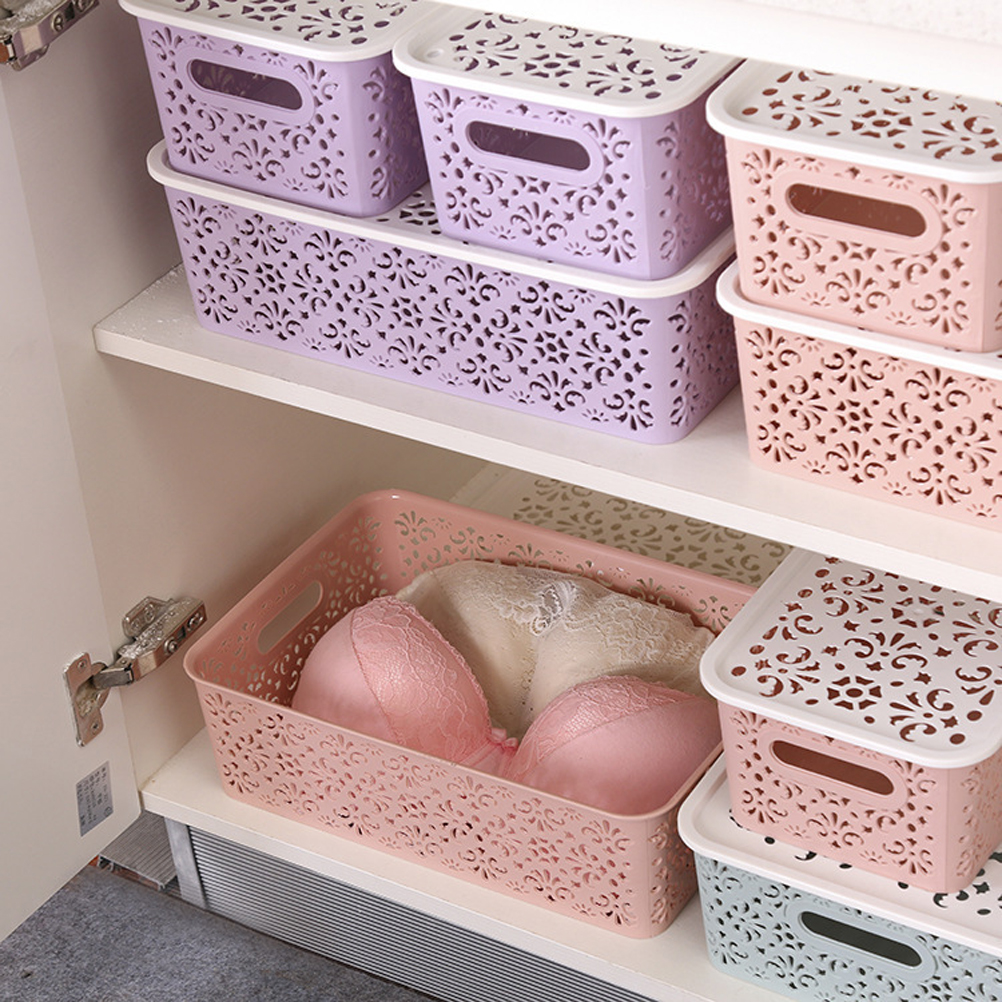 Caja de almacenamiento de plástico, contenedor de almacenamiento apilable, cesta de almacenamiento delicada hueca con tapa para ropa, juguete, suministros para el hogar