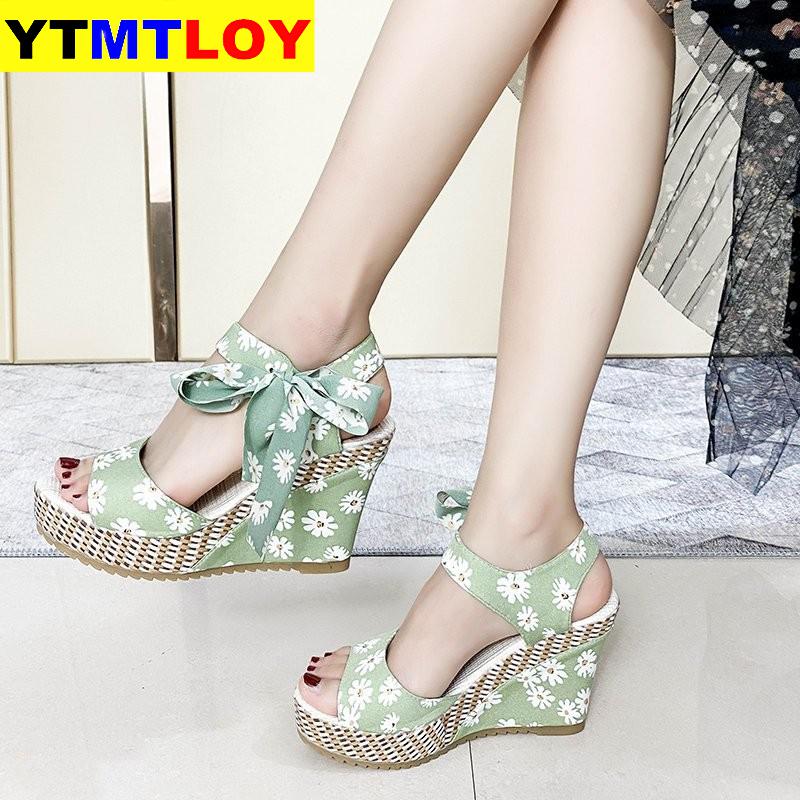 Chaussures d'été pour femmes, plate-forme à nœud papillon Floral, talons hauts, sangle de cheville bohème, chaussures à bout ouvert