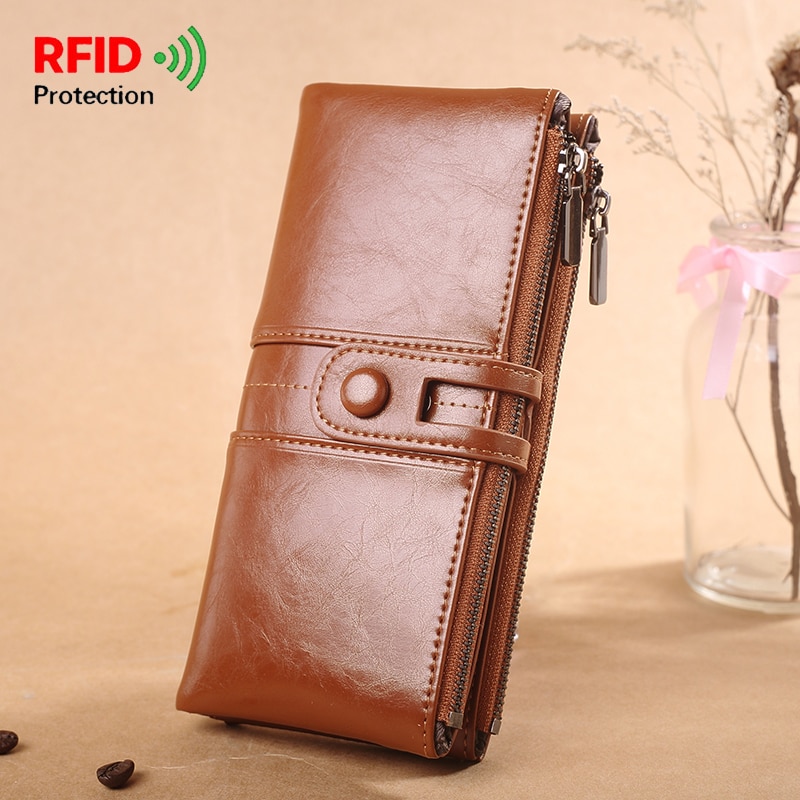 Portefeuille RFID en cuir ciré à l'huile de , Long portefeuille rétro pour femmes, portefeuille féminin porte-carte pochette cartera homme