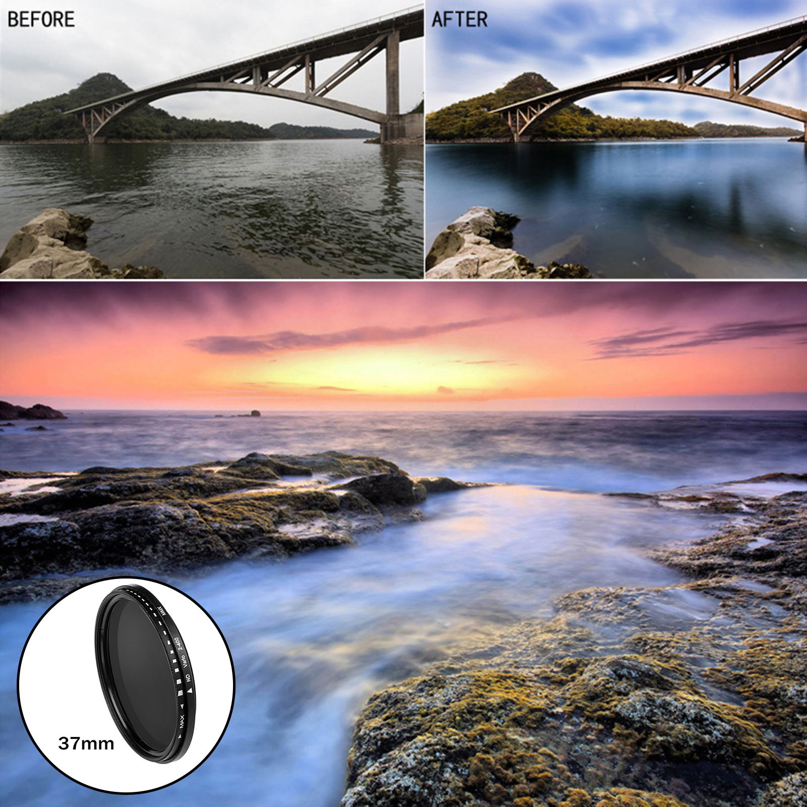 ND2-400 Neutral Density Fader Variable Adjustable ND Filter Optical Glass Lens Filter 37-82mm for Nikon Canon Astronomical Acces