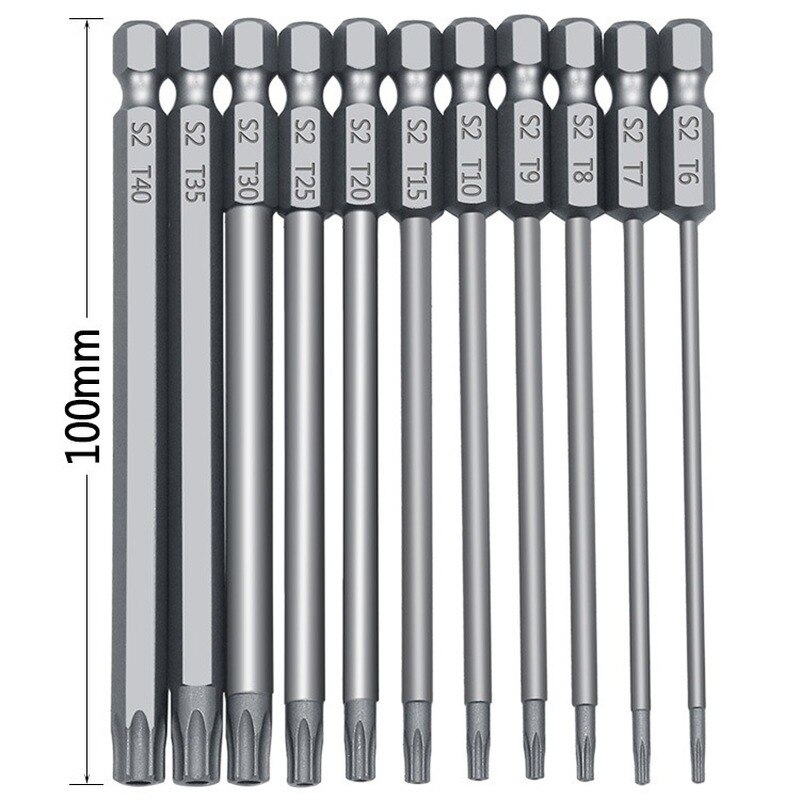 11Pcs 12Pc 50/75/100mm Security Bit Set Tamper Proof Screwdriver Drill Bit Screw Driver Bits Torx Flat Head 1/4" Hex Driver Bits: 11Pcs-100mm