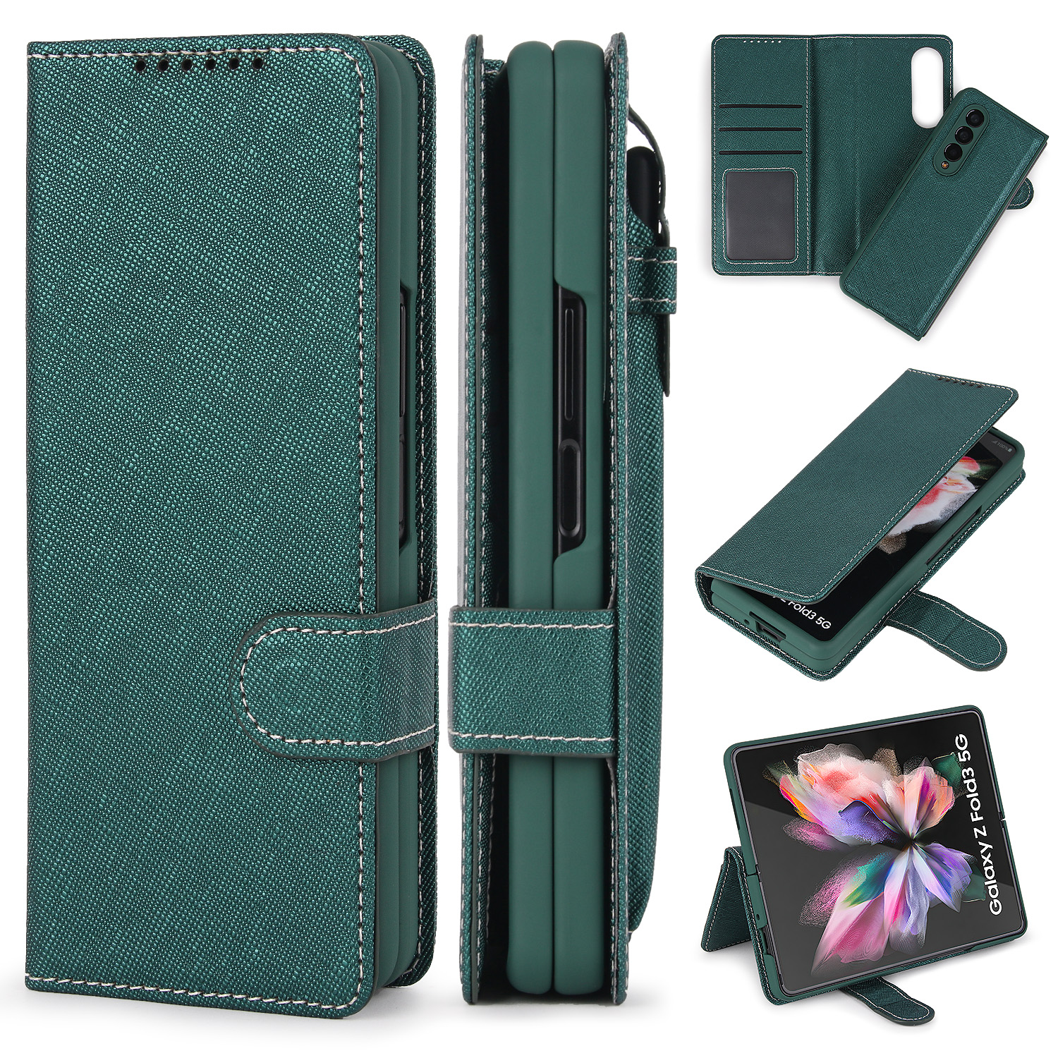 Afneembare Case Voor Samsung Galaxy Z Vouw 3 Pu Leer Magnetische Kickstand Shockproof Cover Met S Pen Stylus Houder: Cross Pattern green