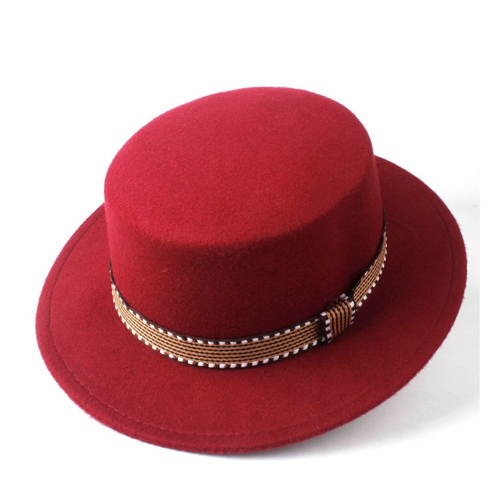 Men Women Flat Fedora Top Hat With Belt Wool Trilby Hat Pork Pie Hat Jazz Hat Size 56-58CM: Wine Red
