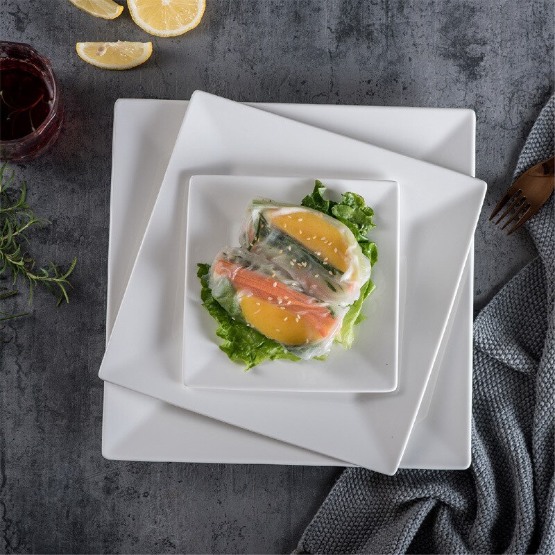 and simple ceramic square plate household white sushi steak pasta Western food plate European hotel meal customization