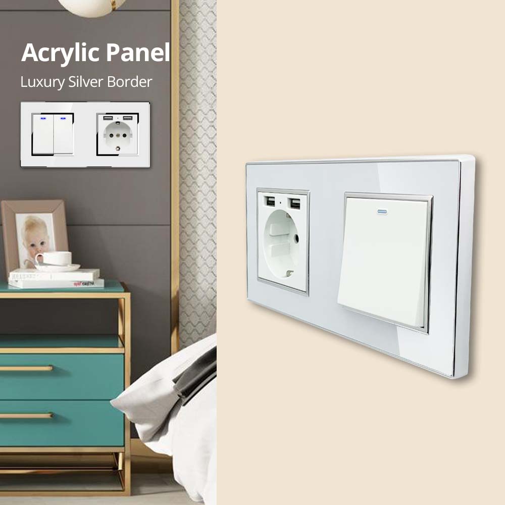 Wallpad White Acrylic Panel Wall Light Switch LED Dimmer USB Charge EU Socket Outlet 4 5 6 7 8 Gang 2 Way Reset 172*86mm