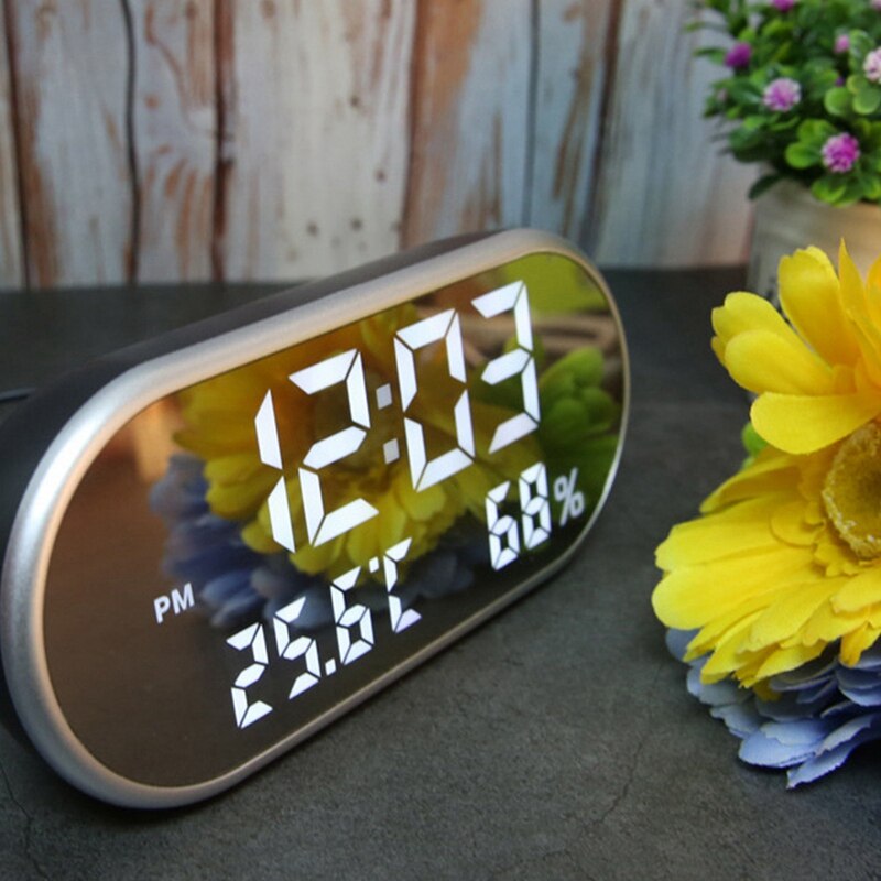 LED Digital Alarm Clock with Temperature,Reveil Watch USB Electronic Table Clocks,Oval Mirror Desk Clock