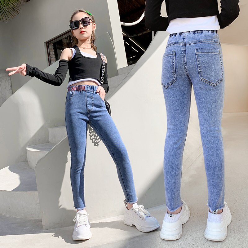 Skinny Fit Children's Jeans 4 5 6 7 8 9 10 12 14Years Teenager Slim Jeans Korean Solid Color Denim Pencil Pants Student Girls