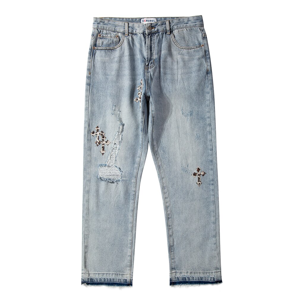 Cross Patch Borduren Ripped Gat Jeans Heren High Street Casual Denim Broek Verontruste Losse Rechte Pijpen Broek Mannen: Leopard pattern / 32