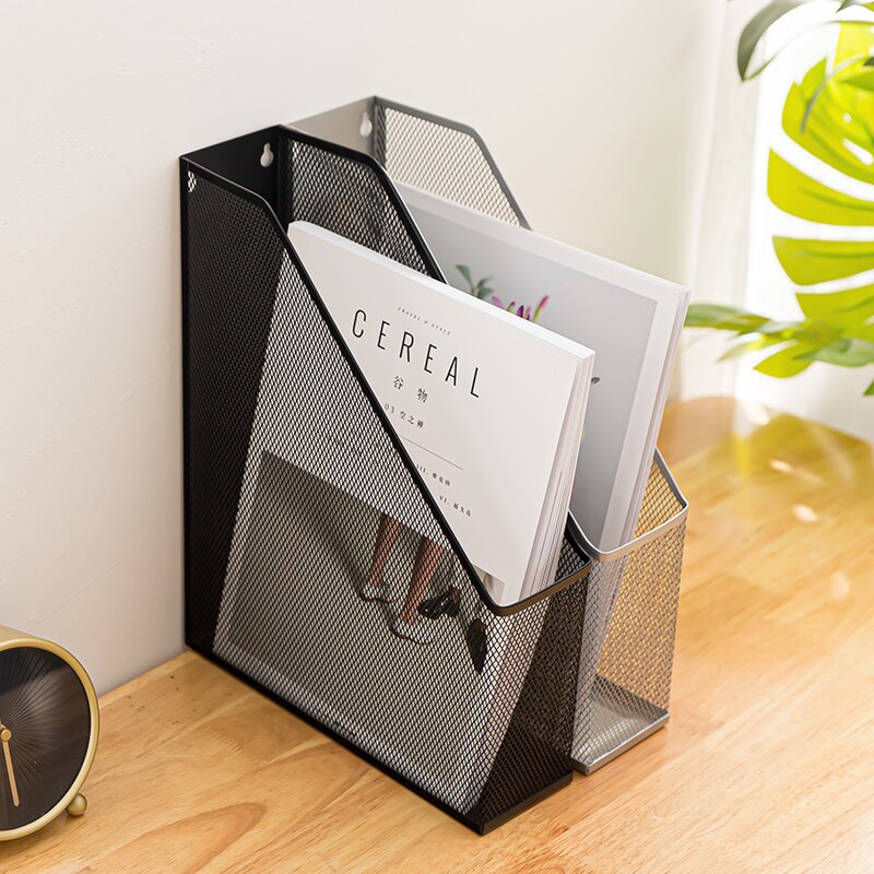 Black Silver Magazine File Holder Metal Mesh Bookends Desktop Organizer Shelf Grid Document Book Holder Support Stand Storage