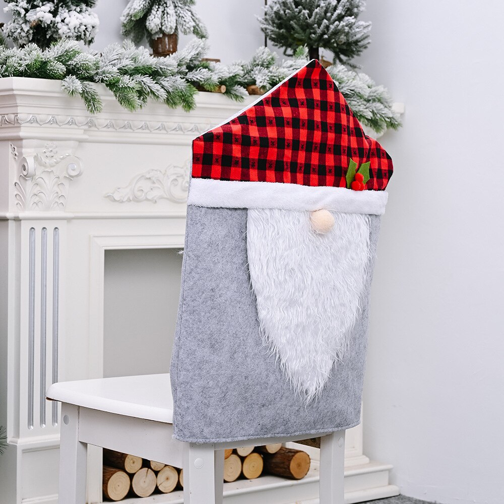 Plaid forest old man chair cover faceless doll stool cover cartoon chair cover backrest Christmas decorations: gray