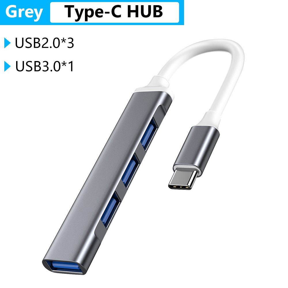 1 Pc High Speed Usb 3.0 Hub Multi Usb Splitter 4 Poorten Expander Adapter Type-C/ Type-een Naar Usb Computer Accessoires Voor Laptop Pc: Type-C Hub Grey