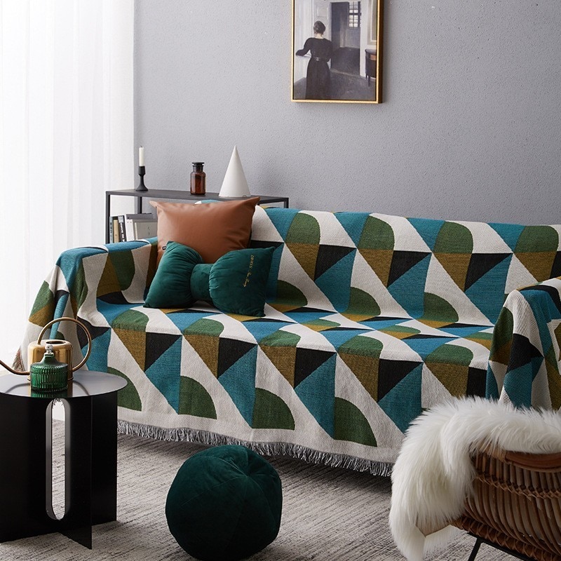 Vintage geometrisk grønn sofa teppe strikket sofa vektet teppe bomull sofa/stoltrekk billedvev teppe reiseteppe