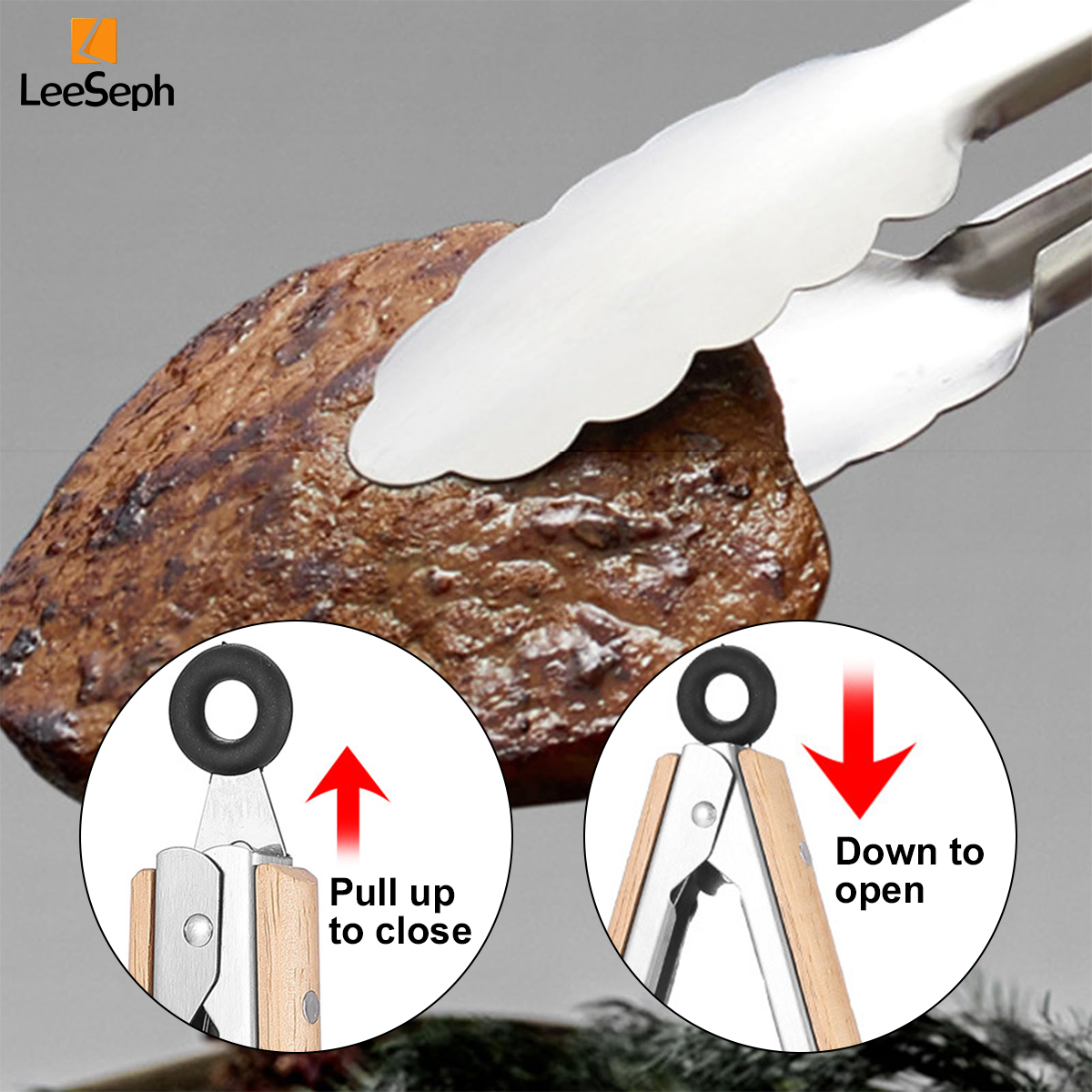 Pince de cuisson en acier inoxydable avec poignée en chêne, pince à salade avec anneau de verrouillage, gadget de cuisine pour barbecue à salade