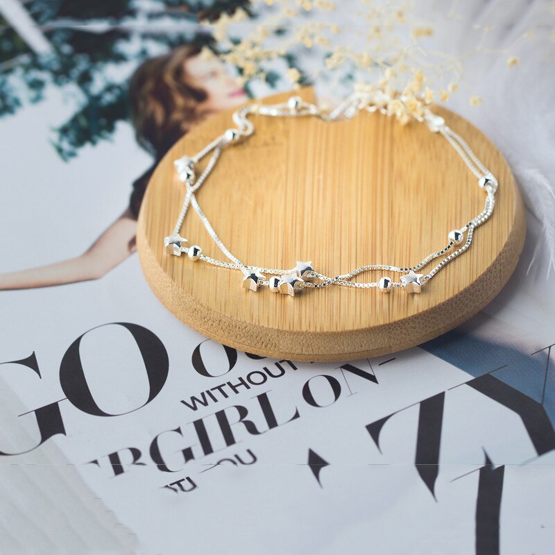 Sexy Barefoot Sieraden Sterren Kralen Dubbele Laag Enkelband Voor Vrouwen Meisje 925 Sterling Zilveren Voet Armband