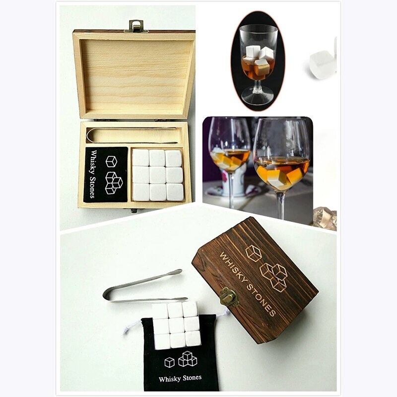 9Pcs Whisky Ice Stones with Wooden Box& Velvet Bag Wine Drinks Cooler Cubes Whisky Stone Granite Pouch Reusable Cubes Granite