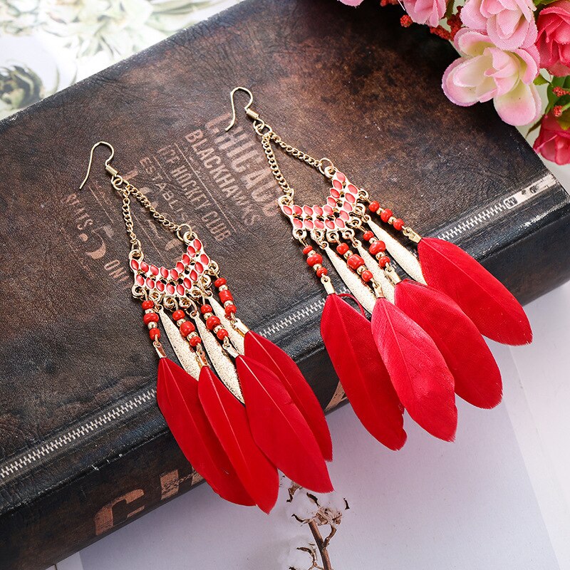 Pendientes colgantes de plumas bohemios para mujer, aretes largos de cuentas con borlas, joyería para , banquete,: E1420-7